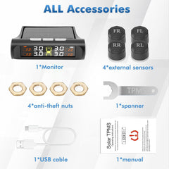 Tire Pressure Monitoring System,Tpms with Solar Charging&Usb Charging,5Alarm Modes, Real Time Monitoring Pressure and Temperature, Auto& Color Display Screens,Suitable for 4 Wheeled Vehicles